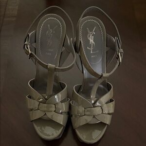 Saint Laurent Olive Patent Leather T-Strap Platform Sandals